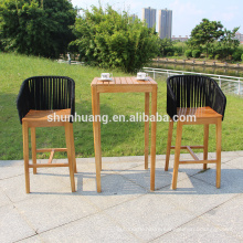New design indoor or outdoor rope bar set aluminum frame with teak wood stand rope weaving table and chair bar stools